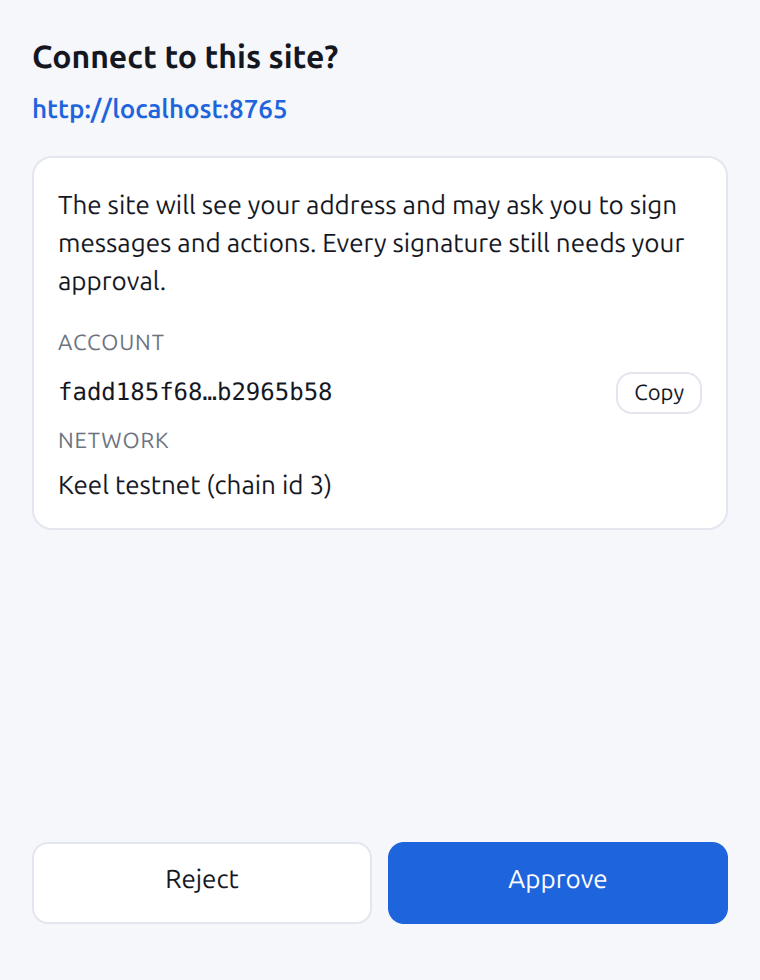 Connect prompt showing the site, the account and the network