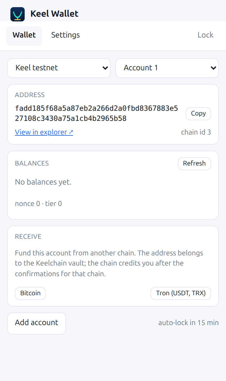 Keel Wallet account screen