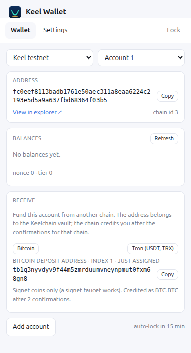 Receive card with a Bitcoin deposit address assigned by the chain