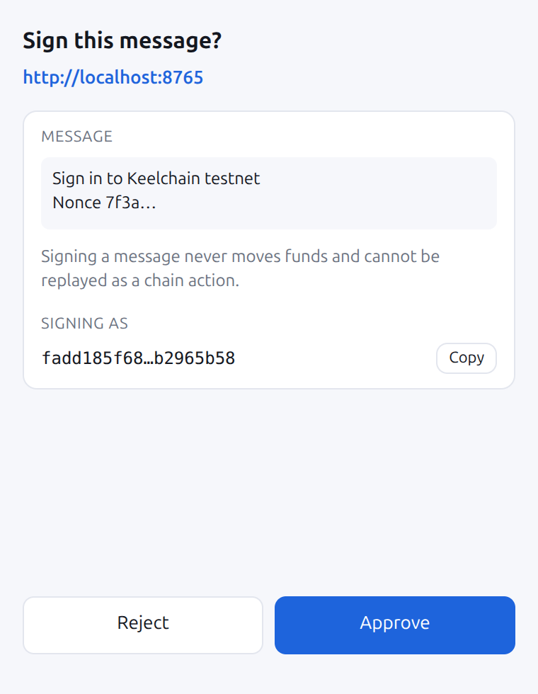 Keel Wallet approval prompt
