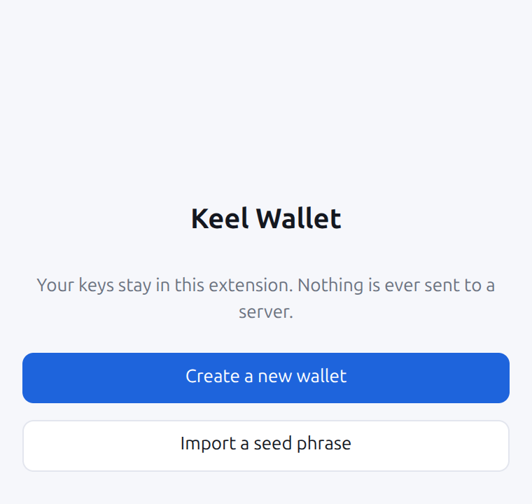 Welcome screen: create a new wallet or import a seed phrase